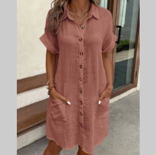 Summer Short Sleeve Shirt Dress Fashion Solid Color Single - breasted Mid - length Loose Dress - DBMP (Electronics And More Store)