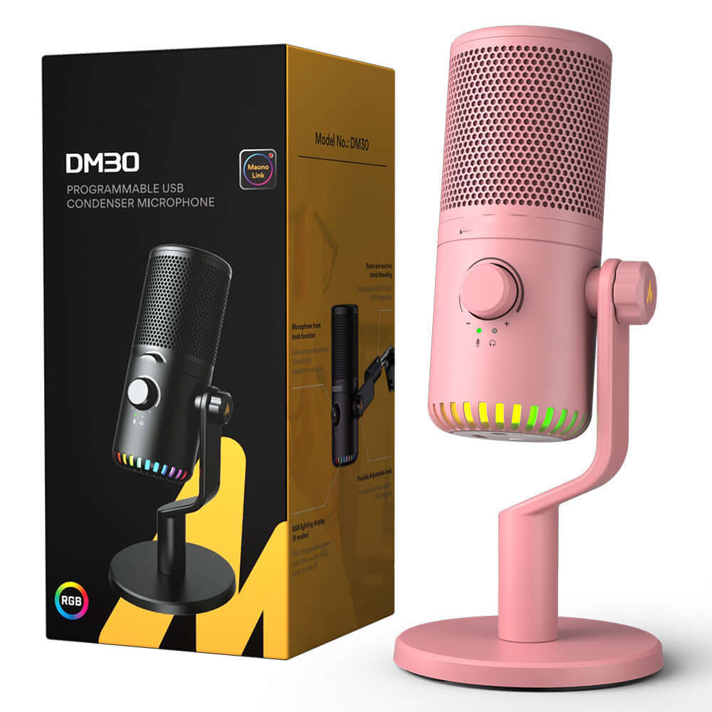 Pink DM30 USB condenser microphone with RGB lighting and packaging, ideal for home recording and streaming.