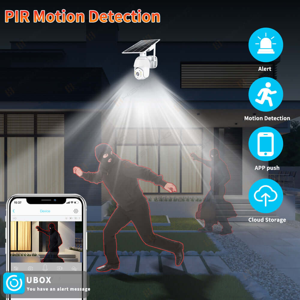 PIR motion detection camera with solar panel, featuring alerts and app push notifications for enhanced security.