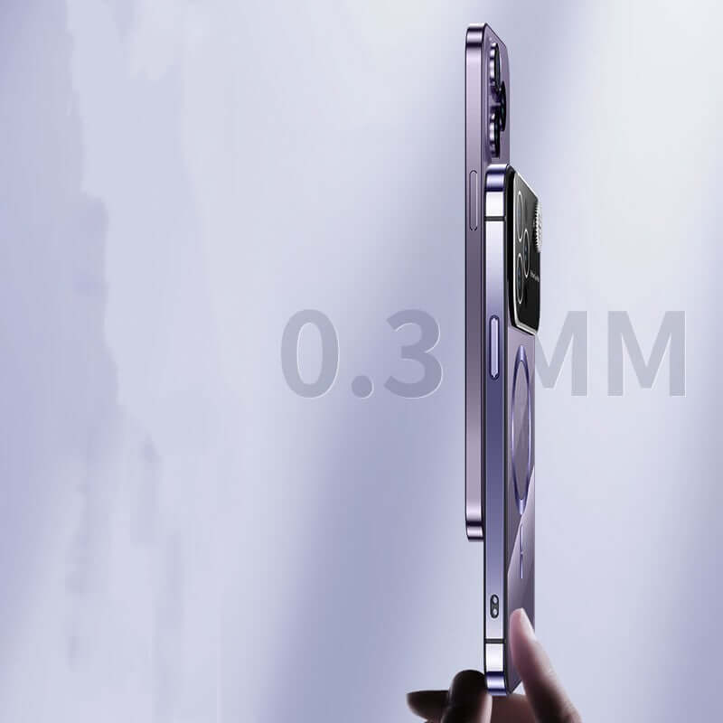 Stylish dark purple phone case with stainless steel frame, showcasing 0.3mm design for fall protection.