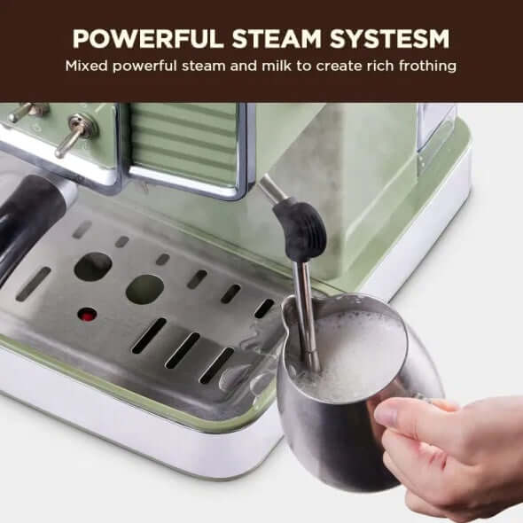 Powerful steam system mixing steam and milk for rich frothing with espresso coffee machine in green.