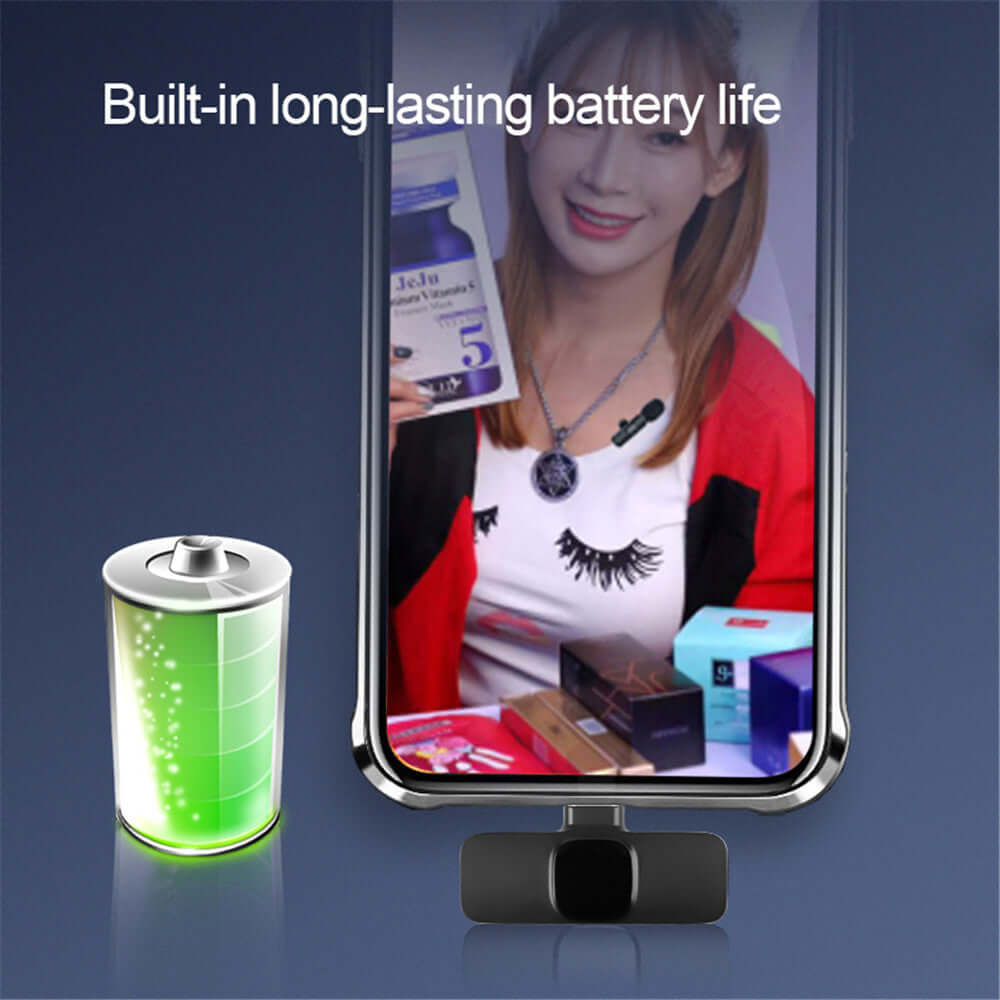 Wireless lavalier microphone displayed with smartphone, showcasing built-in long-lasting battery life indicator.