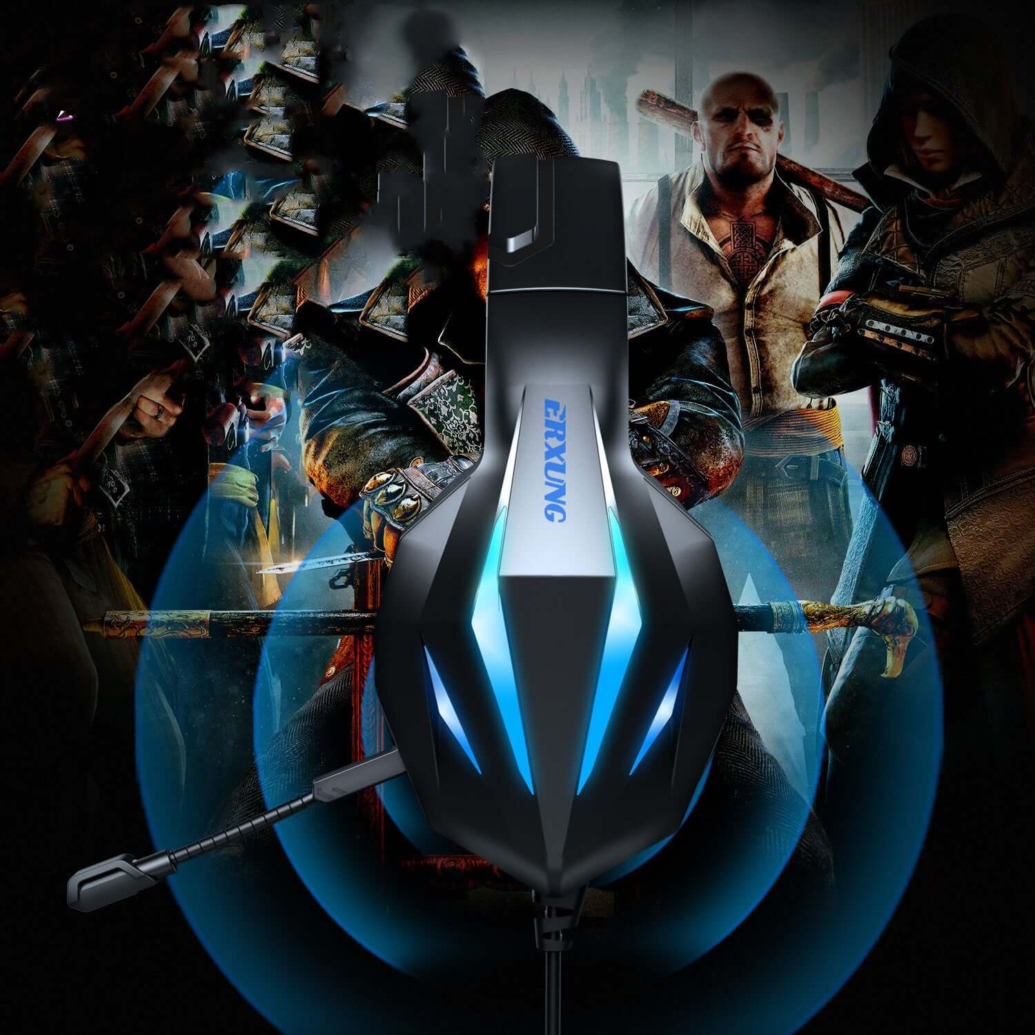 Wired gaming headset with luminous design and microphone, ideal for immersive gaming experience.