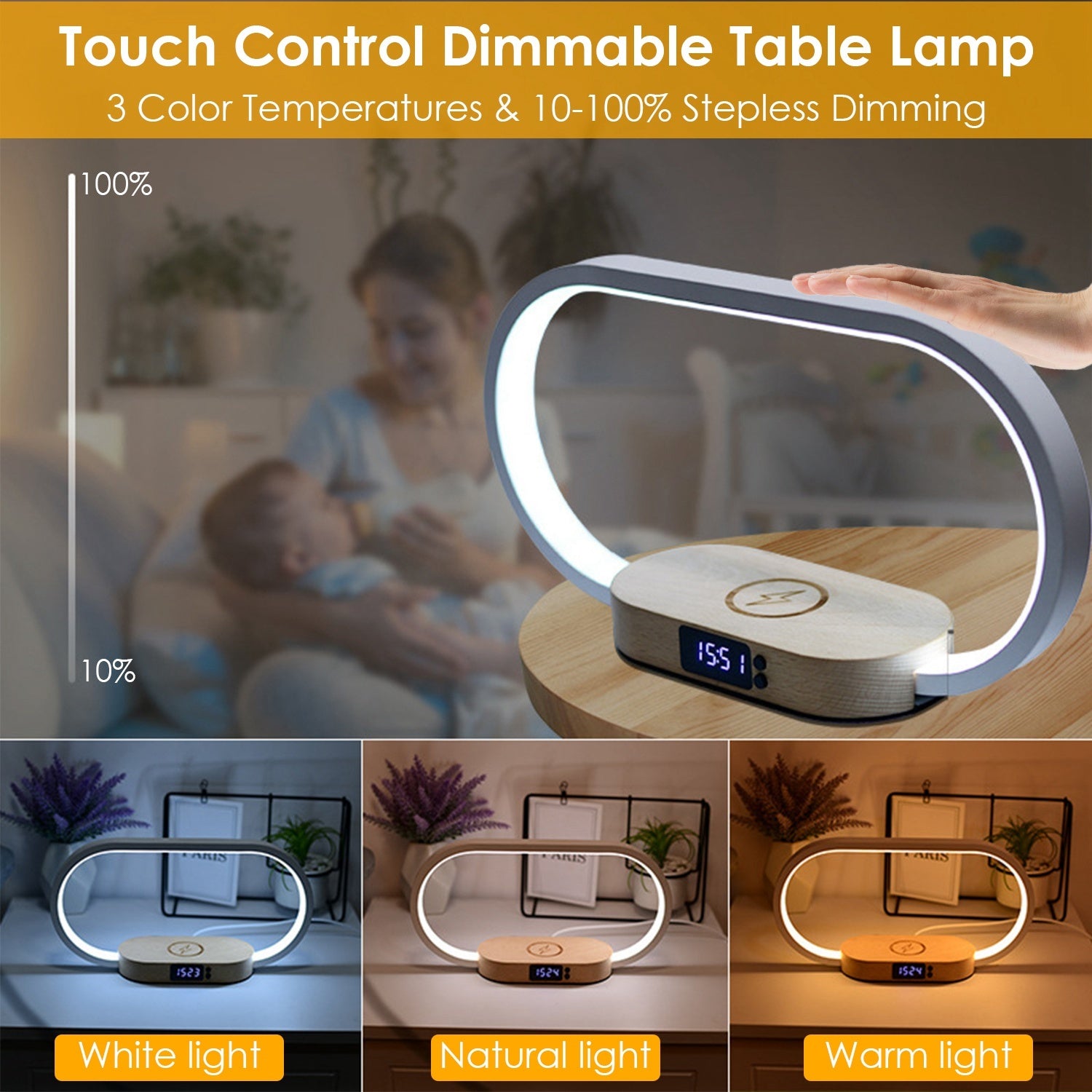 1 Set Bedside Table Lamp Touch Control Lamp With Clock Wireless Charging LED Desk Lamp Dimmable Nightstand Reading Lamp - DBMP (Electronics And More Store)