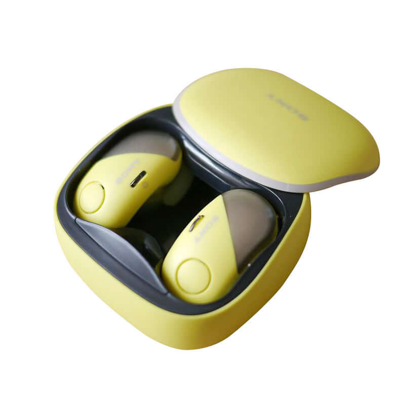 True wireless in-ear Bluetooth noise-canceling headphones in yellow charging case, featuring waterproof technology.