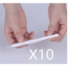 Hands holding a white pen with text indicating a quantity of 10.