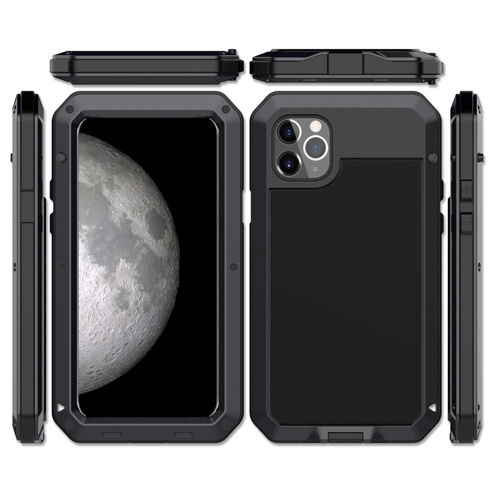 Metal three proof phone case in black, showcasing front and back view with moon background, designed for durability and protection.