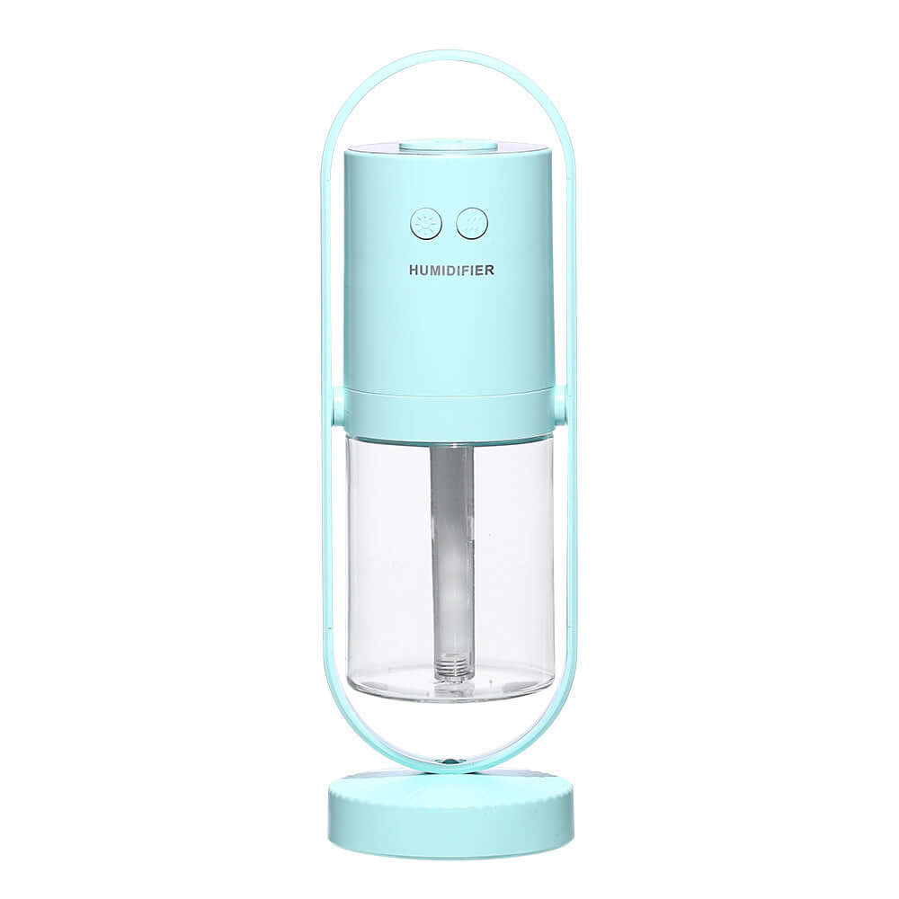 Magic Shadow USB air humidifier in light blue with a sleek design, featuring control buttons and a transparent water tank.