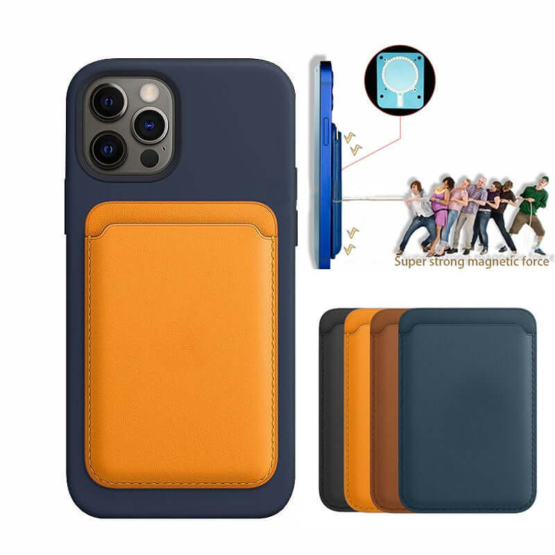 Luxury leather card holder wallet case with strong magnetic force for smartphones, showcasing four color options.