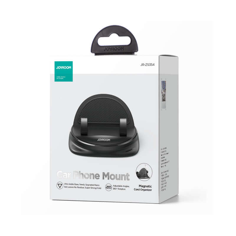 Universal Car Phone Mount with Magnetic Card Organizer, featuring adjustable angles and anti-slip design, in packaging.