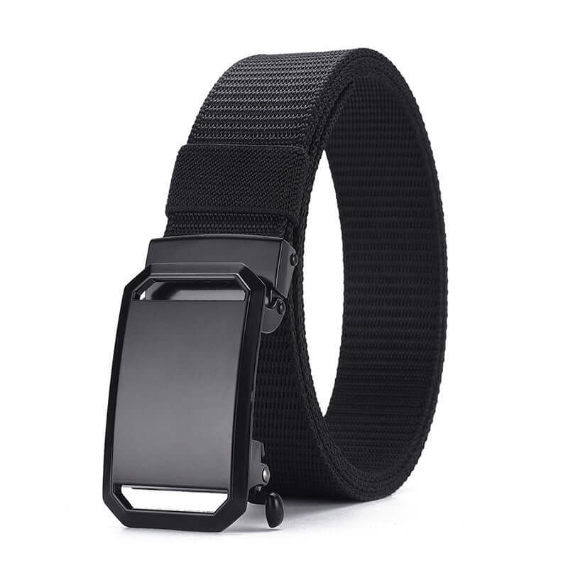 Men's black automatic buckle canvas belt featuring a sleek quadrilateral buckle design, stylish and versatile.