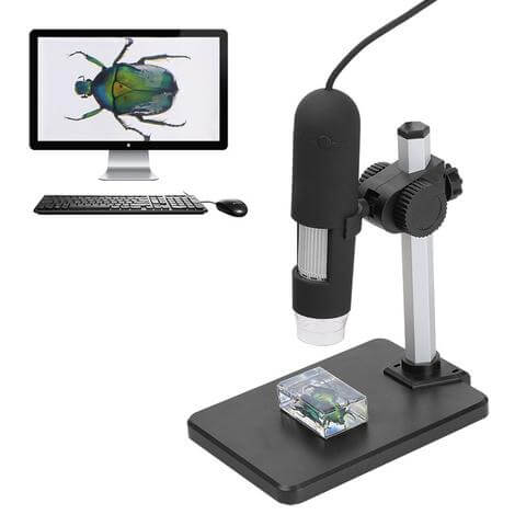 USB microscope camera with adjustable LED lights, connected to a monitor displaying a magnified insect image.