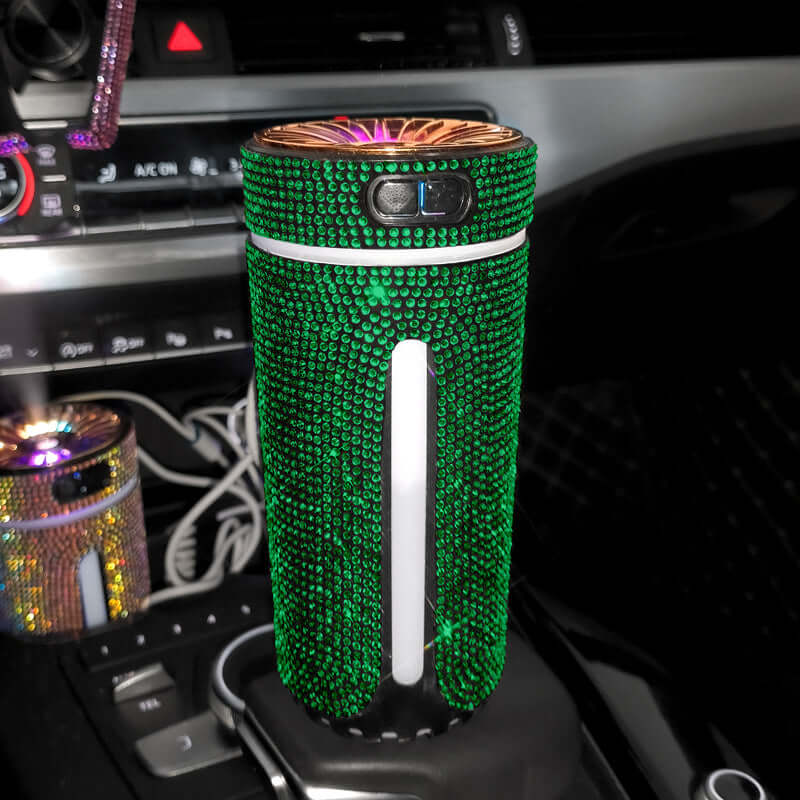 Luxury diamond car humidifier with colorful LED light, perfect for aromatherapy and enhancing car atmosphere.
