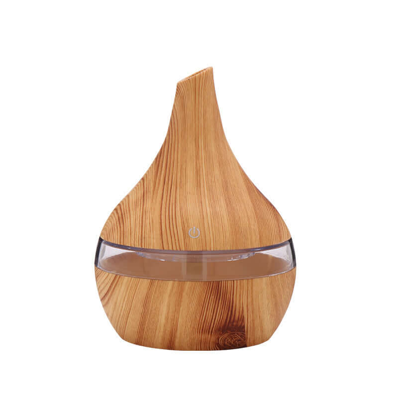 Wood grain tip humidifier air purifier in light wood color, designed for household use, capacity 1 liter, USB powered.