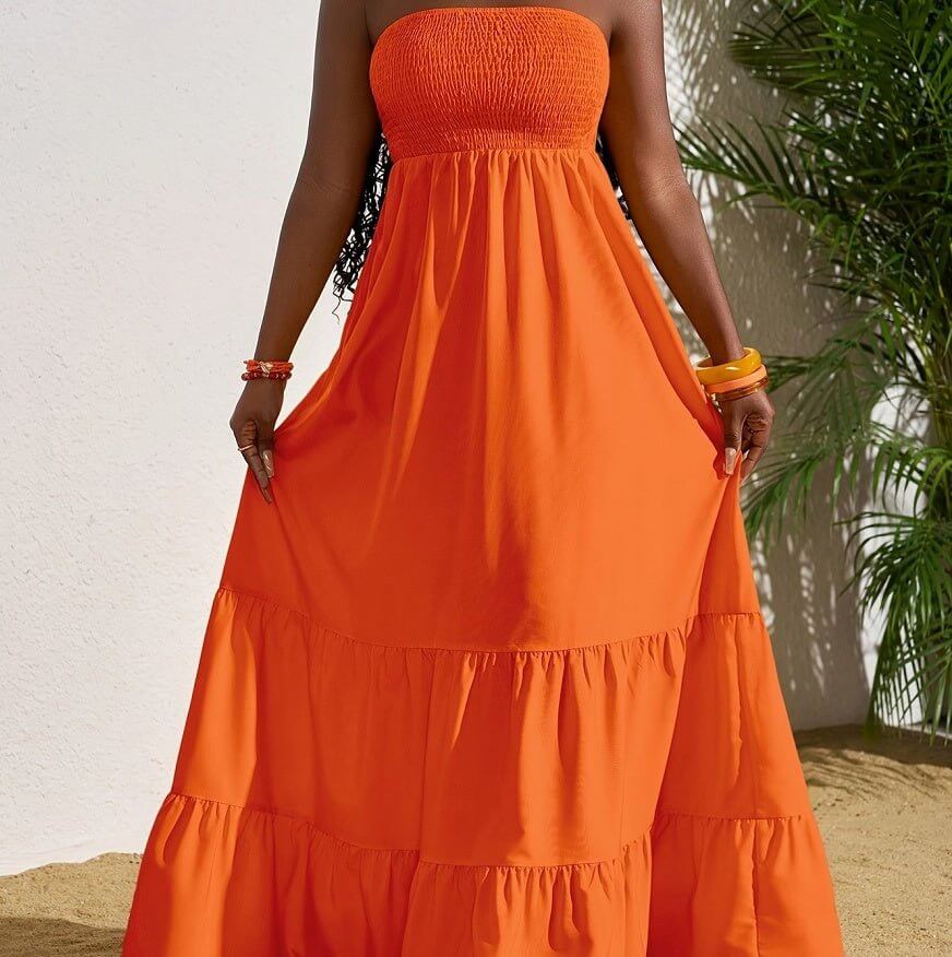 Vibrant Strapless Pleated Multi - layered Full Skirt Dress, Women's Sleeveless Long Resort Style Dress - DBMP (Electronics And More Store)