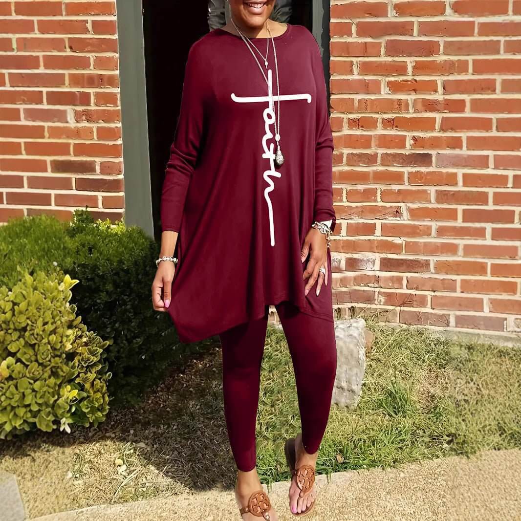 Round Neck Loose Long Sleeves Solid Color Printed Plus Size Women's Clothing Two - piece Set - DBMP (Electronics And More Store)