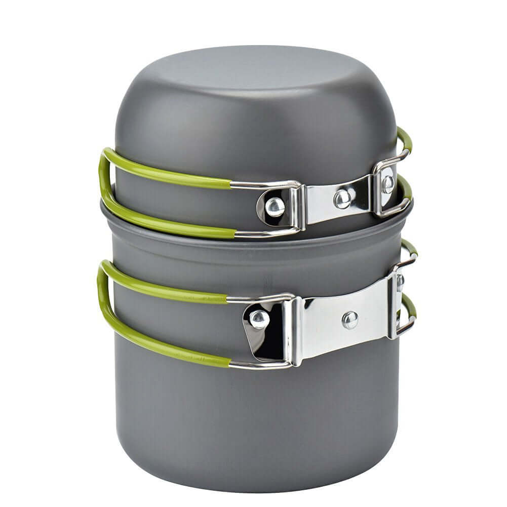 Portable camping cookware set with two stackable pots and green handles, made from high-grade aluminum.