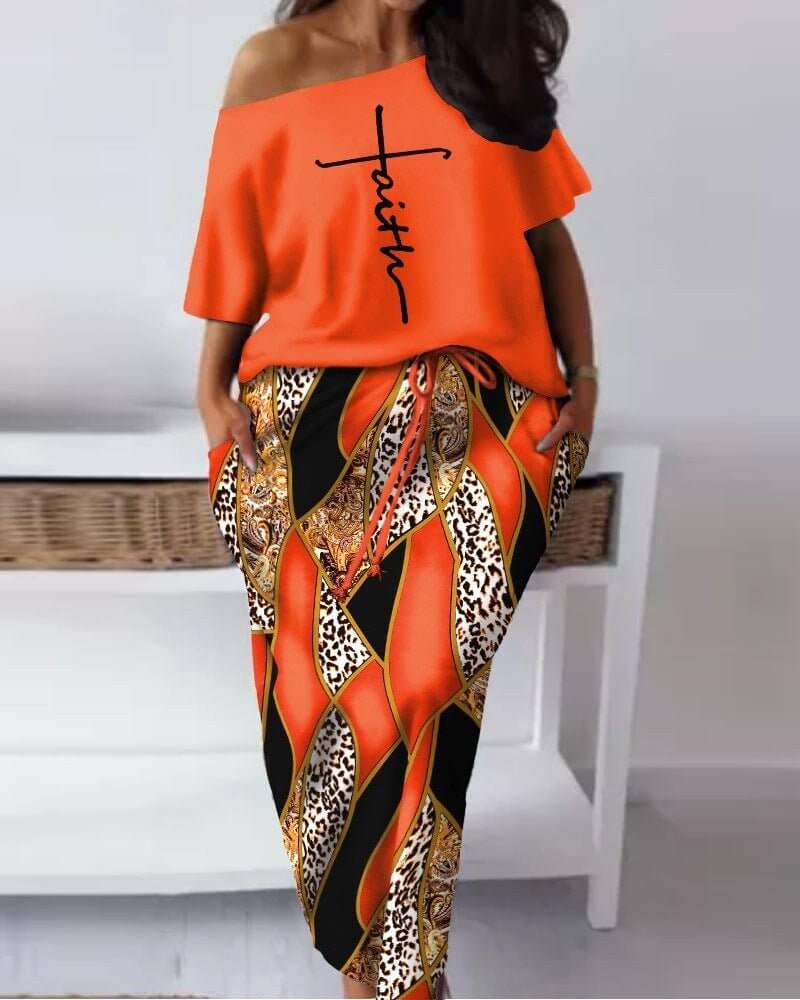 Women's Baroque Leopard Print Diagonal Collar Drawstring Skirt Suit - DBMP (Electronics And More Store)