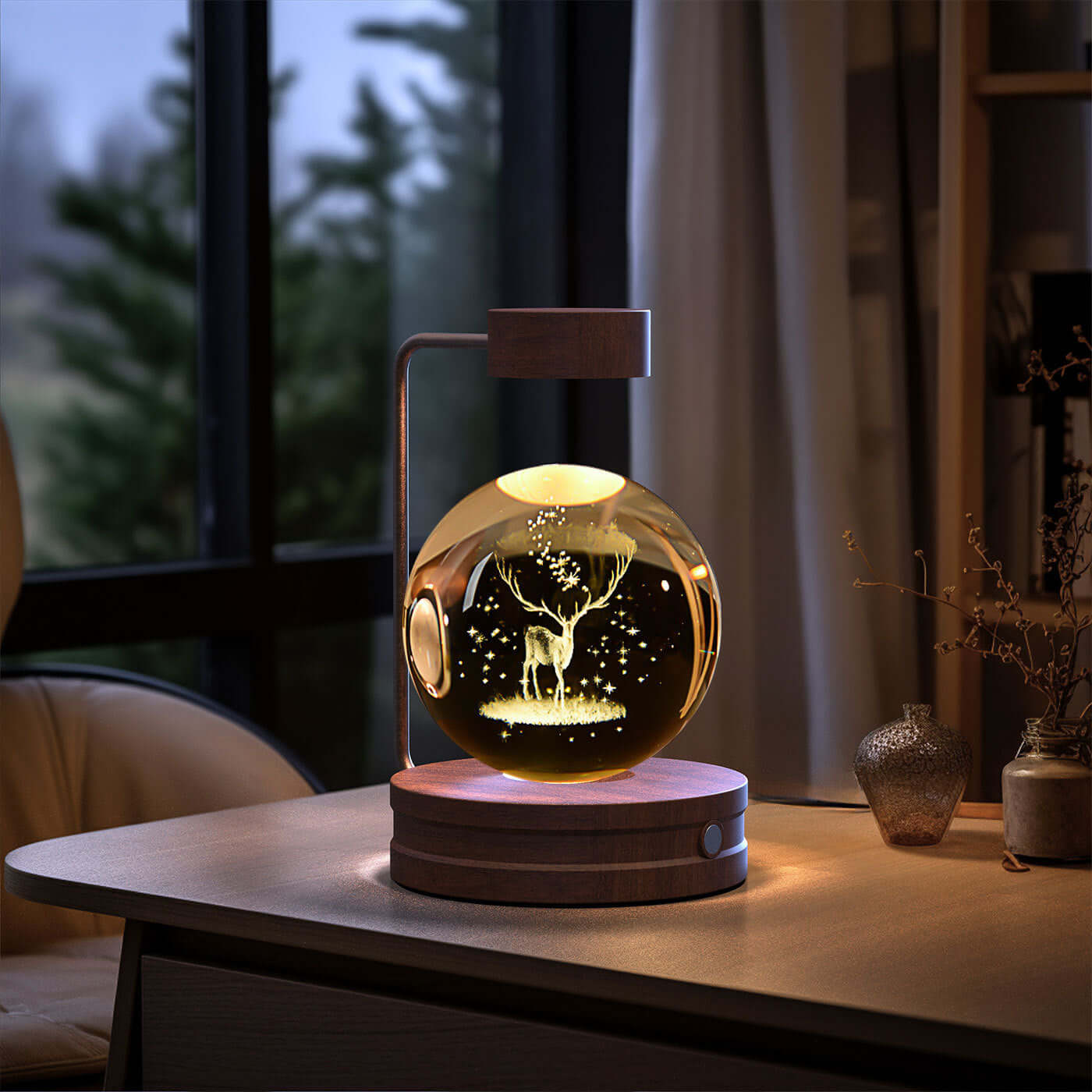 Crystal ball dinosaur night light in warm glow, adding a cozy atmosphere to any indoor space.