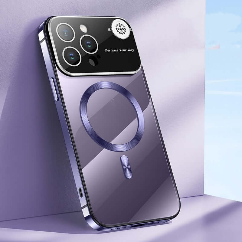Dark purple stainless steel phone case with magnetic suction, designed for fall protection and aromatherapy.