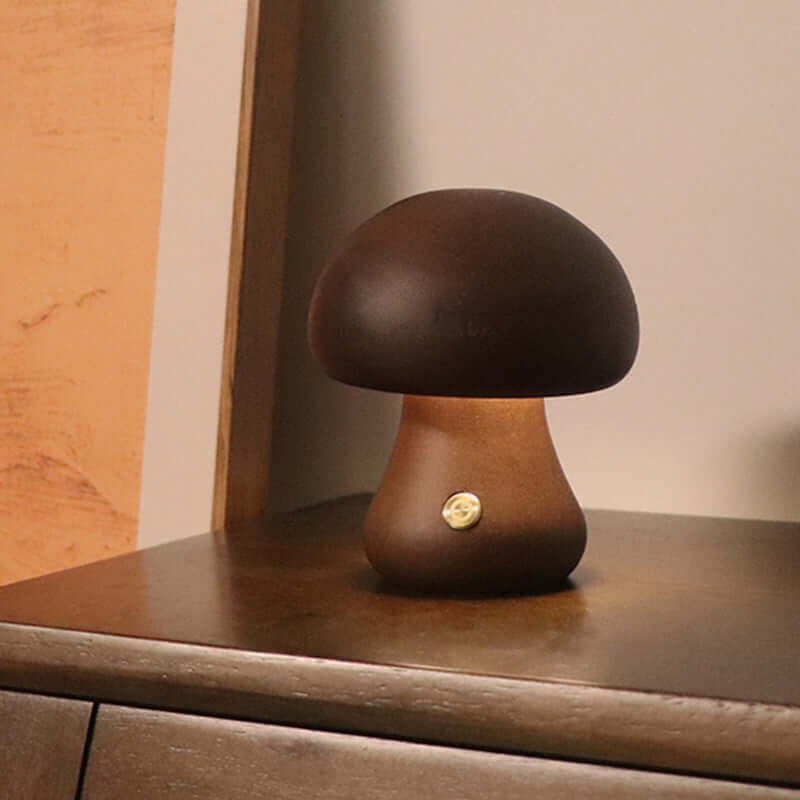 Wooden mushroom LED night light with touch switch, ideal bedside lamp for children's rooms and home decor.