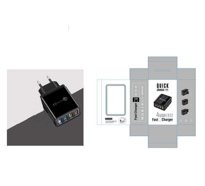 USB Quick Charge 3.0 wall adapter with four ports and packaging, ideal for fast charging multiple devices.