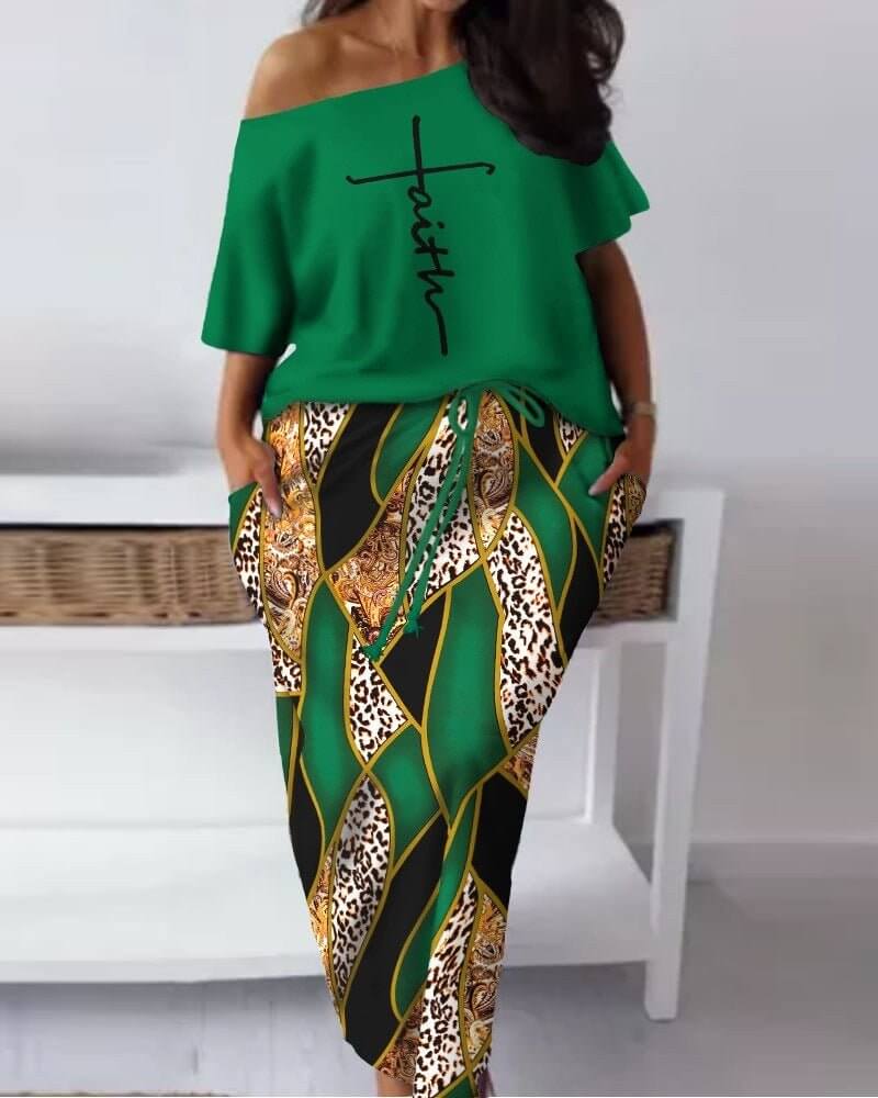 Women's Baroque Leopard Print Diagonal Collar Drawstring Skirt Suit - DBMP (Electronics And More Store)