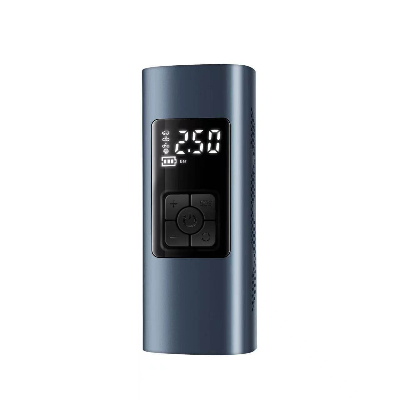 Wireless portable electric car air pump with LED display and control buttons.