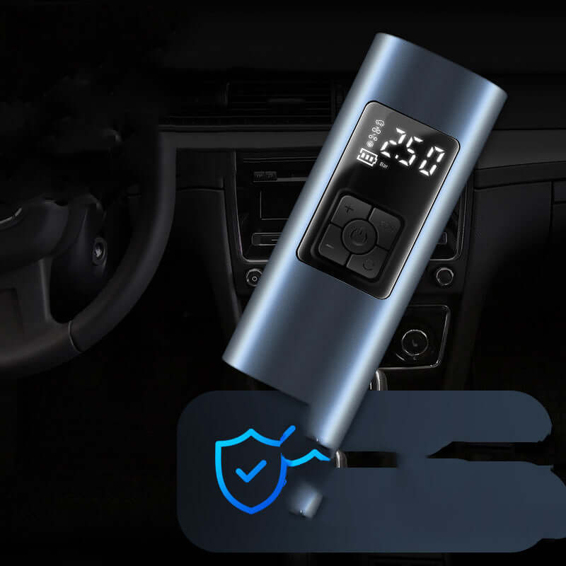 Wireless portable car air pump with digital display and controls, perfect for inflating tires.