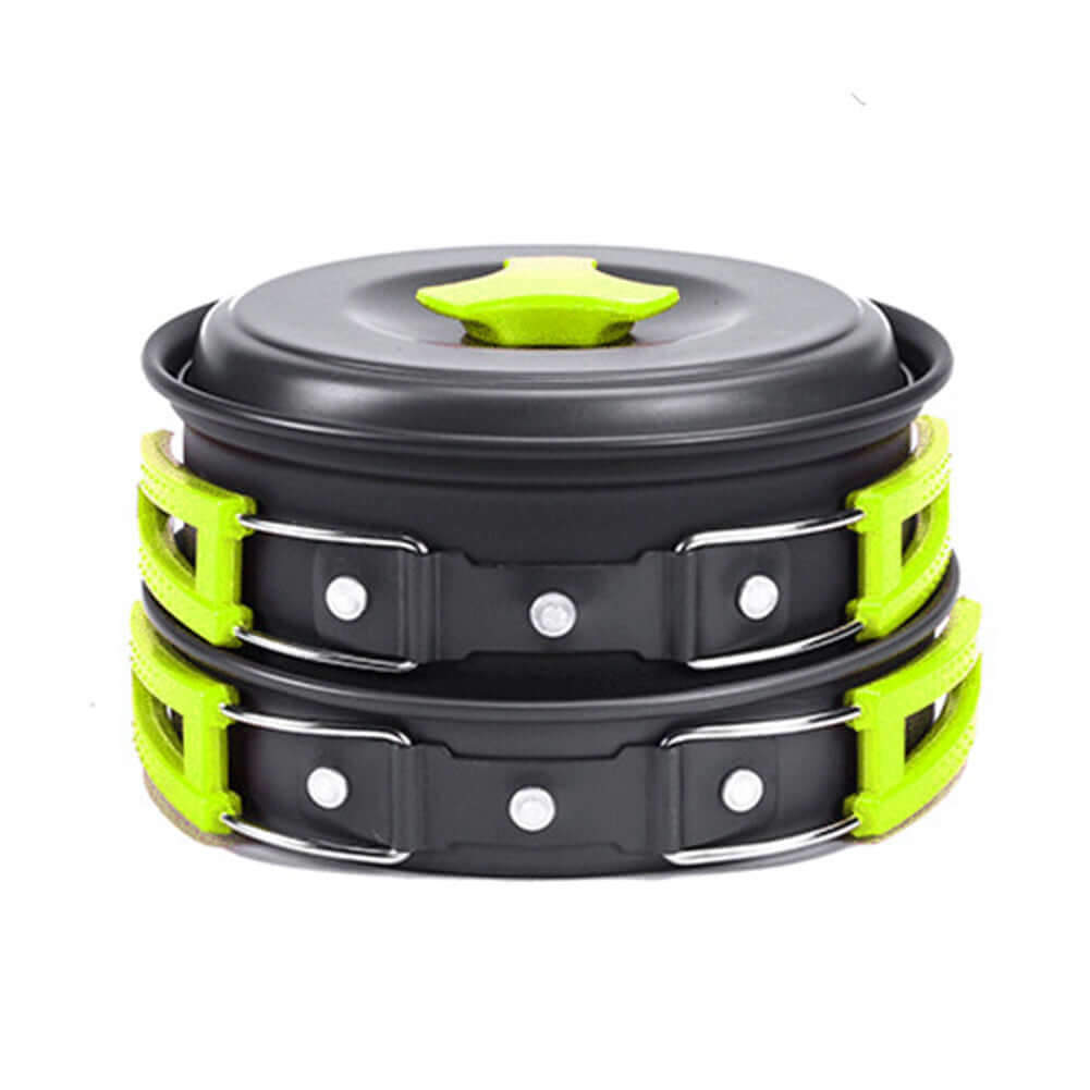 Portable camping cookware set featuring stacked pots with green handles, made from high-grade hard alumina.