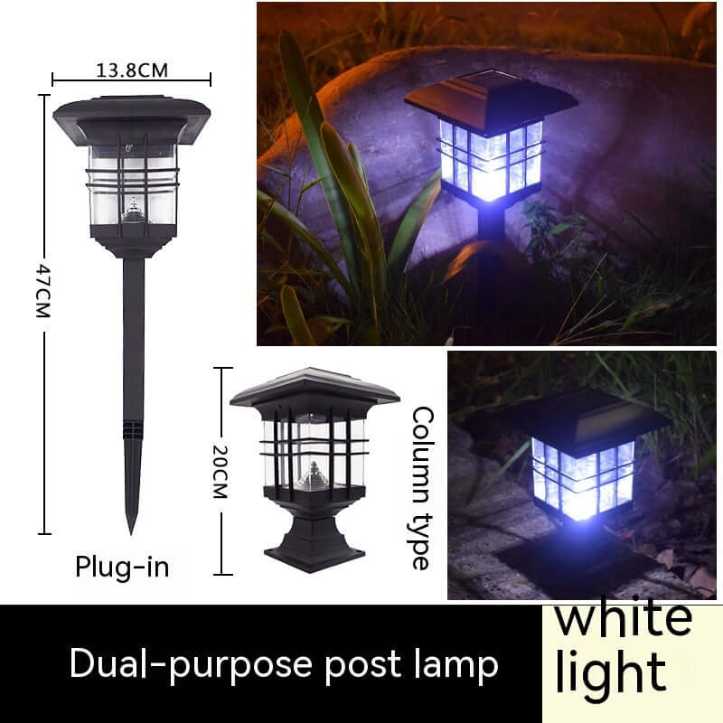 Solar powered dual-purpose post lamp with white light ideal for garden lighting, featuring plug-in design and stylish structure.