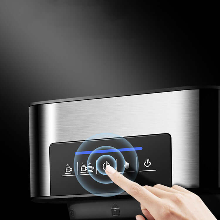 Touch button control panel of Home Smart Home Espresso Machine with finger pressing power button.