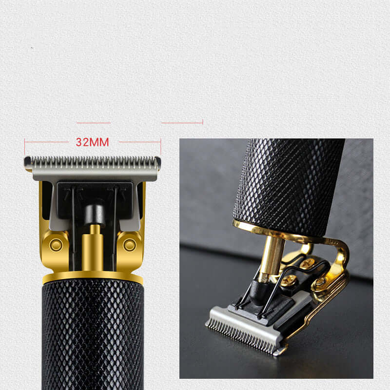 Professional electric hair clipper showing detailed 32mm blade and ergonomic design for precision trimming.