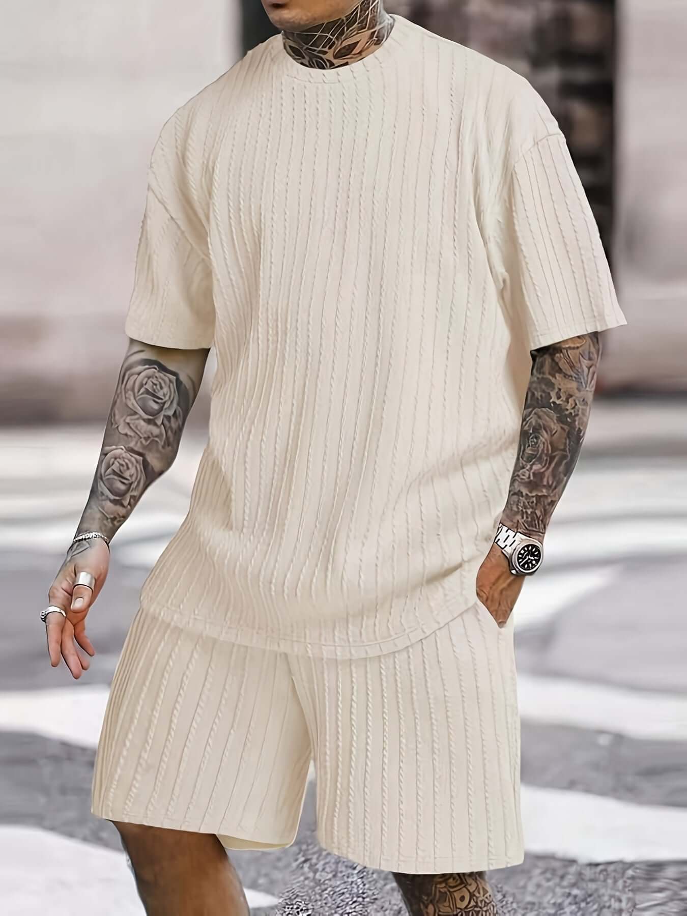 Men's solid color casual short sleeve and shorts knitting suit in milky white, featuring a comfortable cotton blend fabric.