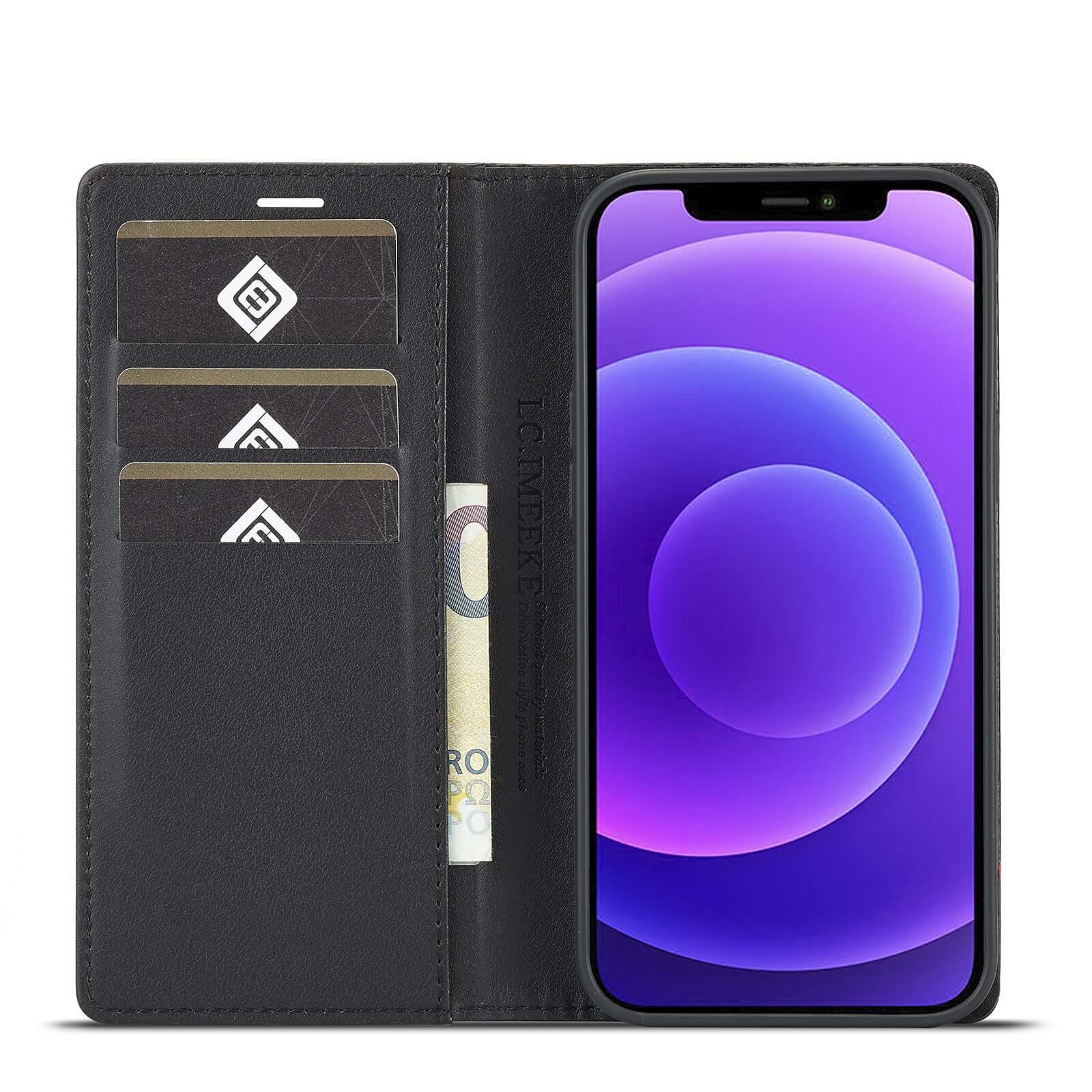 Leather case with carbon fiber design, card slots, and cash compartment for Apple phones in trendy flip style.