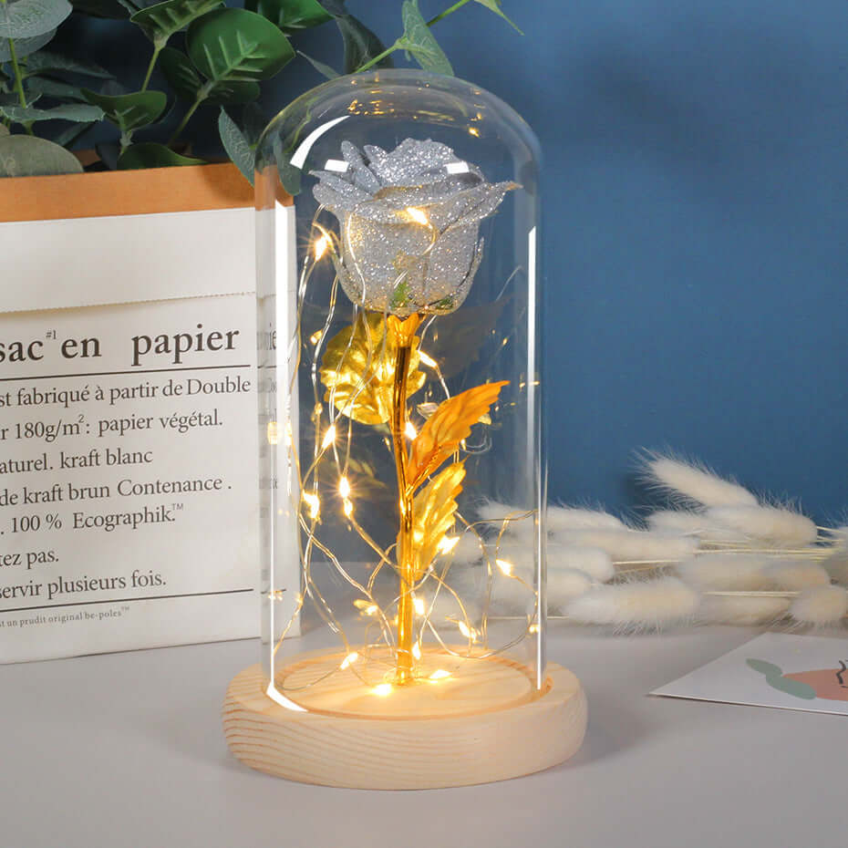 Eternal rose flower with LED lights in glass cover, perfect Valentine's Day gift for girlfriend or elegant home decor.