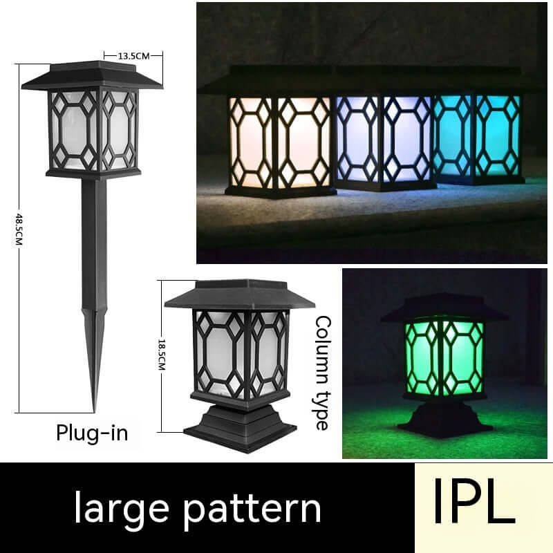 Solar powered lamp for courtyard garden, showcasing various color options, IP65 protection, and elegant design.