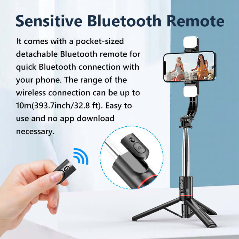 Bluetooth selfie stick tripod with detachable remote for easy photo capture up to 10m wireless range.
