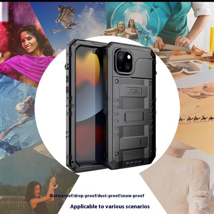 Black shockproof mobile phone protective cover showcased with diverse usage scenarios and splash-proof design.