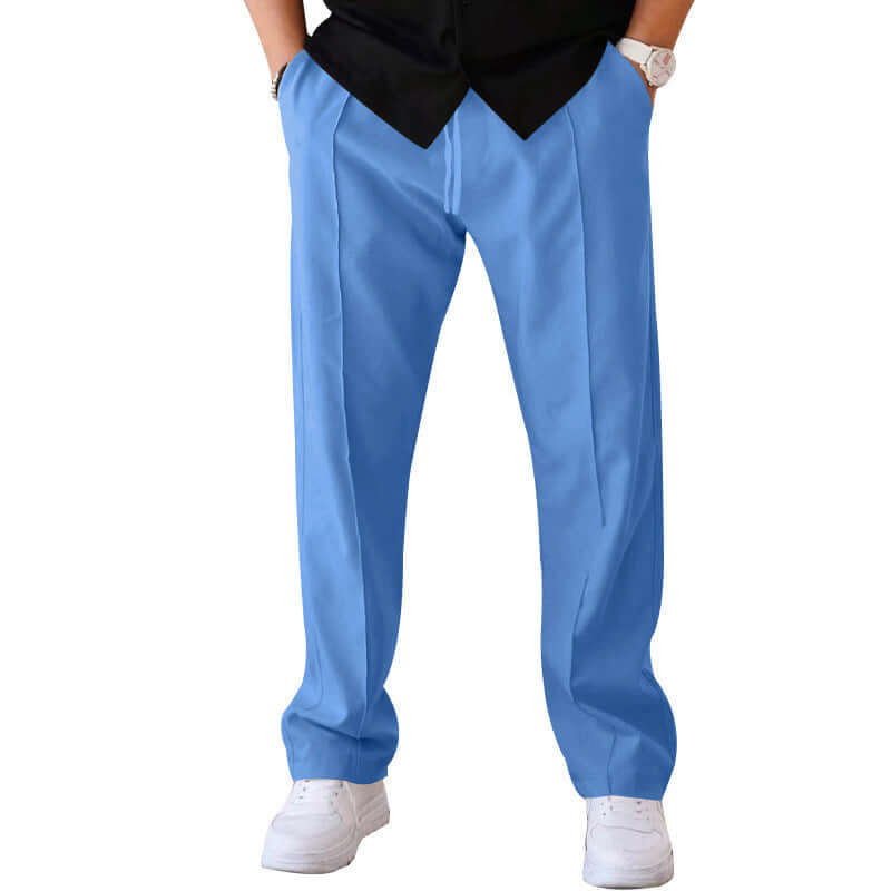 Men's casual loose straight pants in blue with drawstring design, perfect for a stylish and comfortable look.