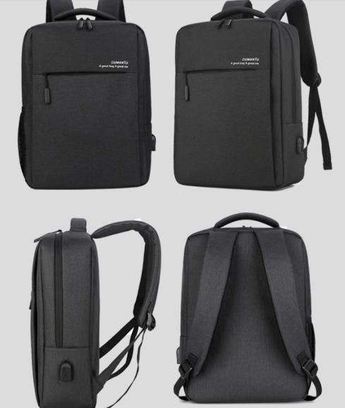 Waterproof and shockproof rechargeable backpack laptop bag in black, featuring multiple angles and ergonomic design.