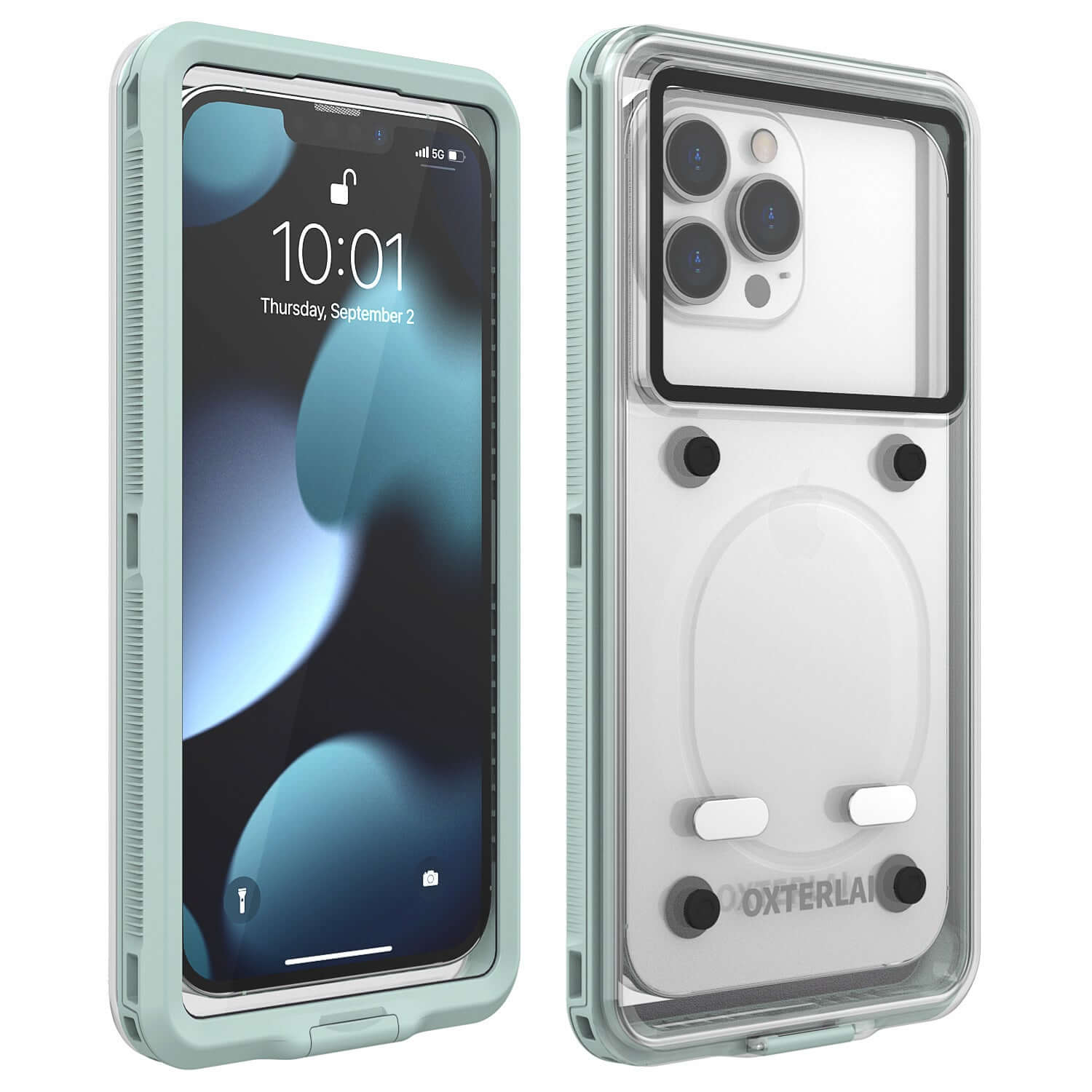 Waterproof phone case in light green, designed for Apple devices with anti-fall and anti-wear protection.