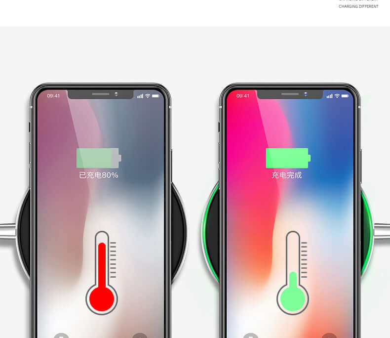 Wireless fast charger in action, showing phone charging status with battery indicators and temperature gauges.