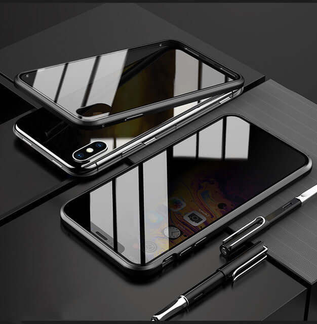 Stylish anti-peep magnetic phone case with tempered glass, showcasing sleek design and protection for iPhone models.