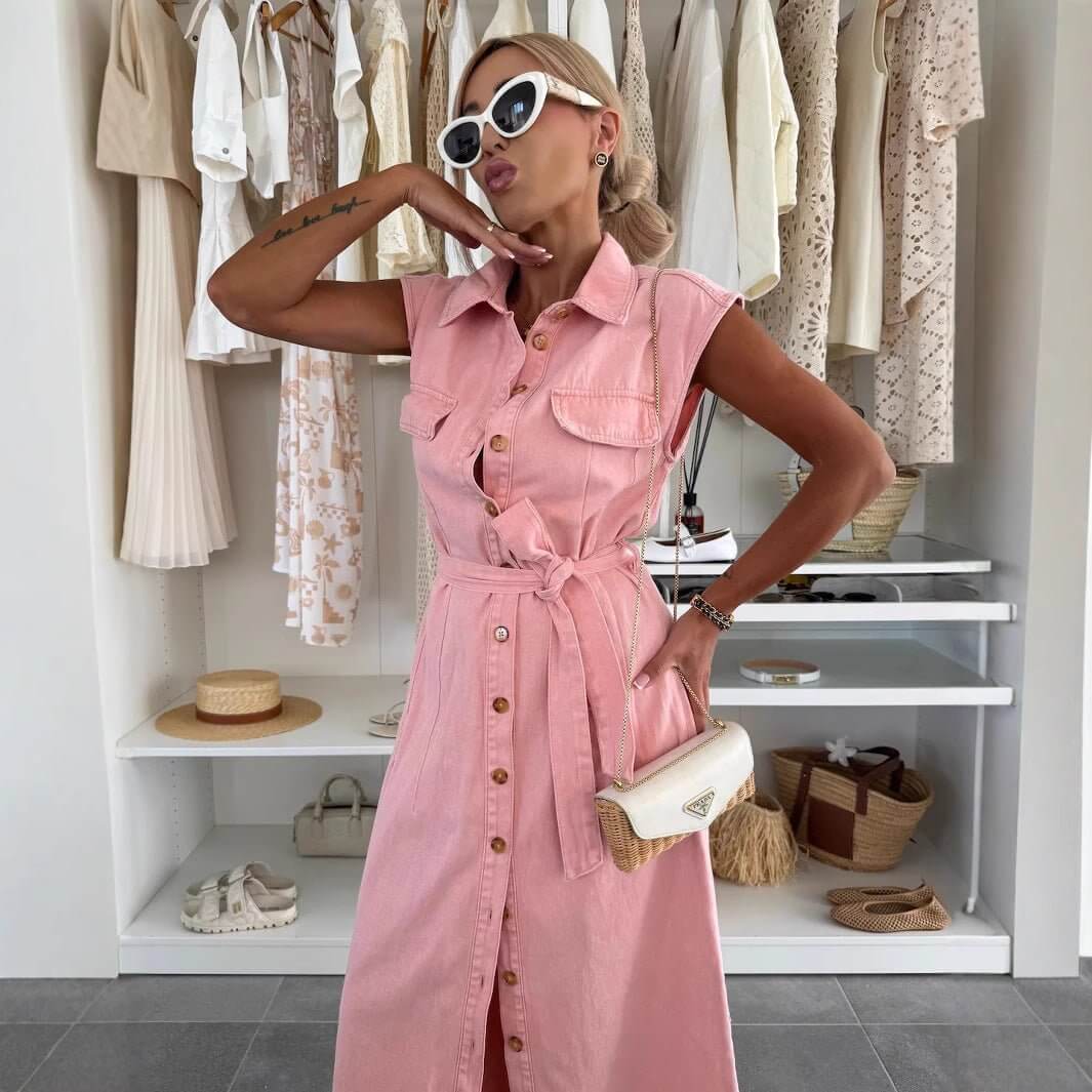 Women's Casual Sleeveless Lace - up Long Dresses Fashion Pockets Solid Party Office Elegant Lapel Single Breasted Denim Dress Summer - DBMP (Electronics And More Store)