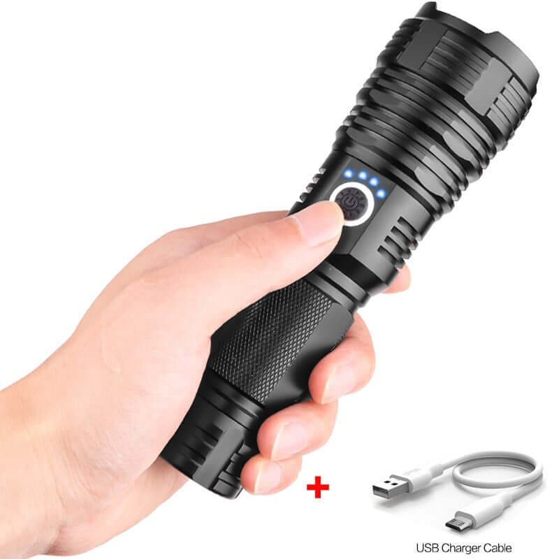 USB charging P70 outdoor flashlight held in hand with charger cable, features 5 brightness modes and power display.