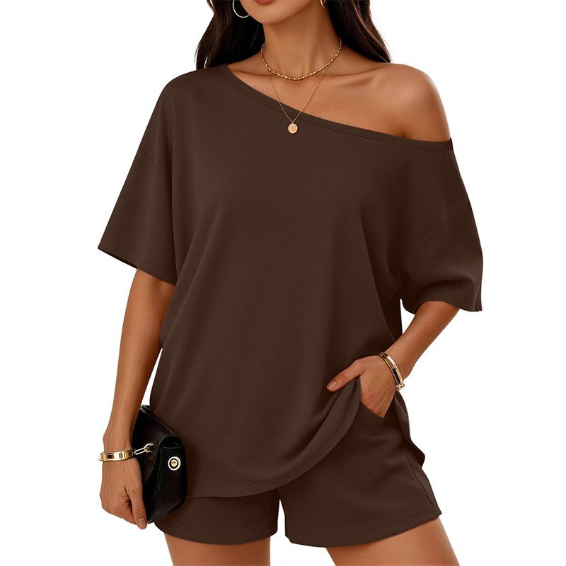 Womens 2 - piece Fashionable Casual Set Slant - Neck Top And Shorts For Loungewear Daily Wear Work Gym Outfit - DBMP Shop