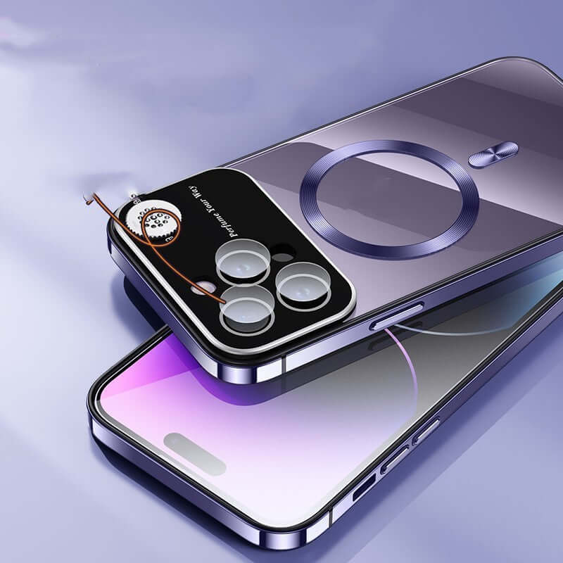 Dark purple stainless steel phone case with magnetic suction feature and aromatherapy design.