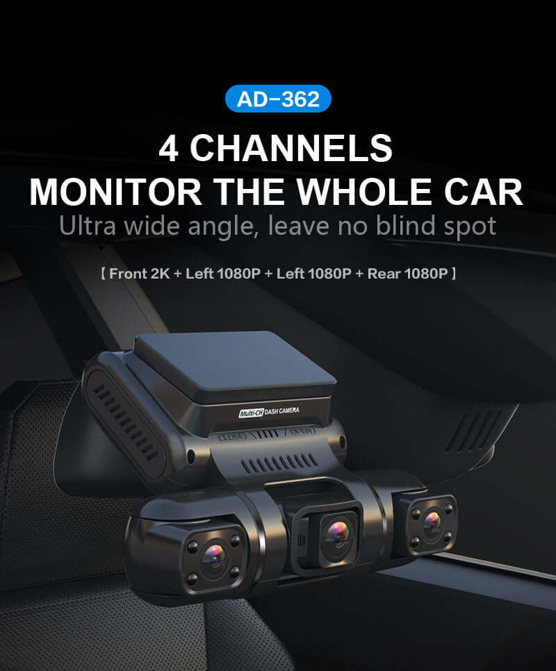 Four-channel driving recorder with ultra wide angle for complete car monitoring and no blind spots.