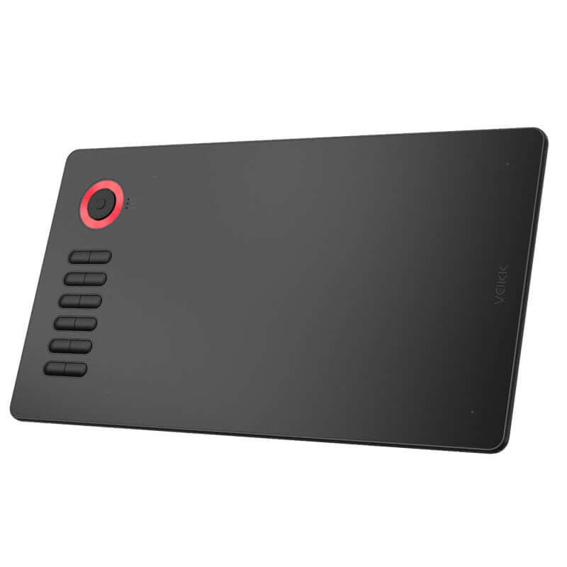 Black digital drawing tablet with red button and customizable side buttons for precise art creation.